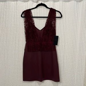 Burgundy lace-leather mini dress